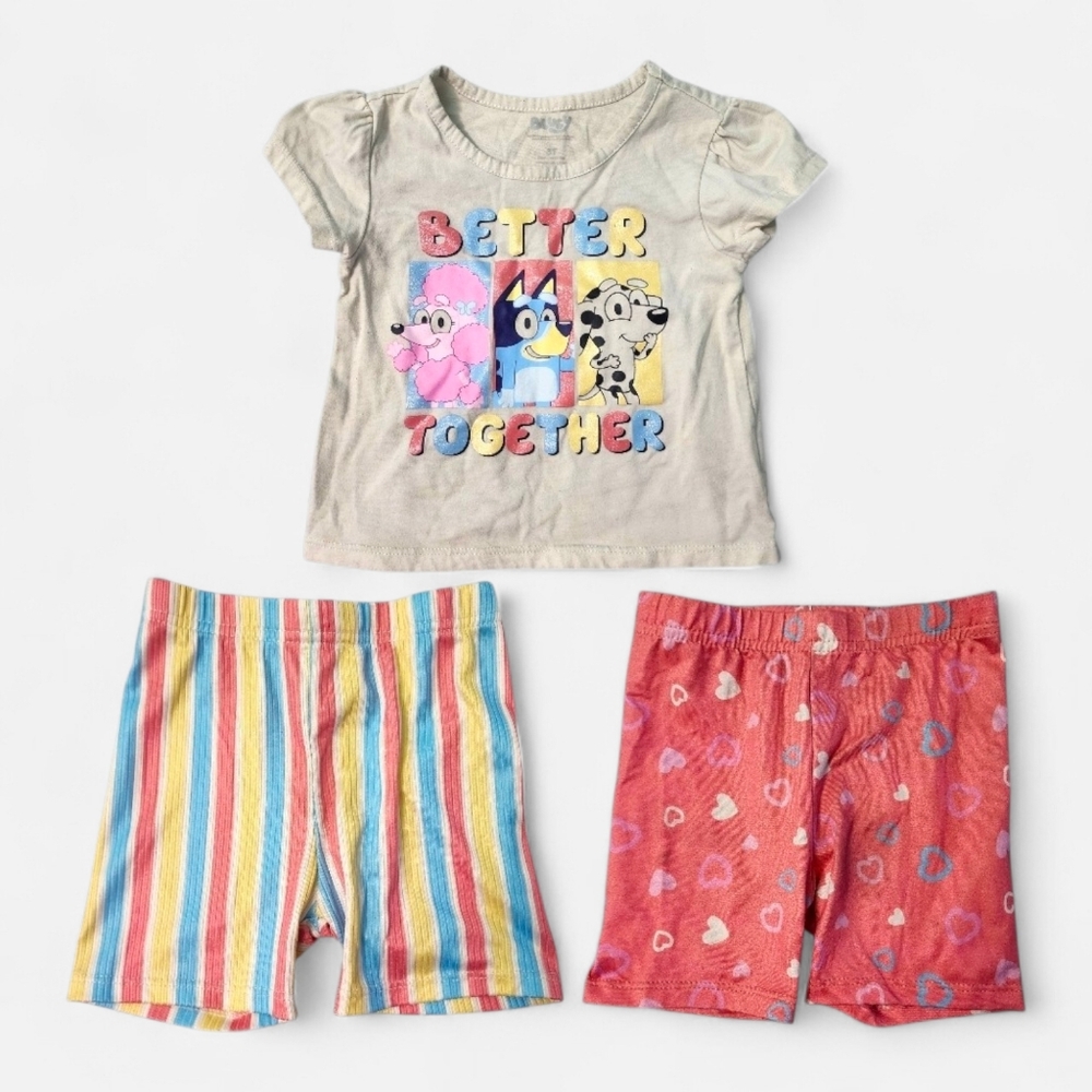 Bluey Toddler Girl 3T 3-Piece Outfit Set – Graphic Tee + Striped & Heart Shorts